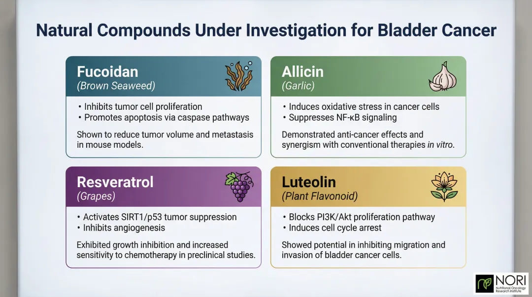 Four natural plant compounds anti-bladder cancer mechanisms and preclinical outcomes comparison chart