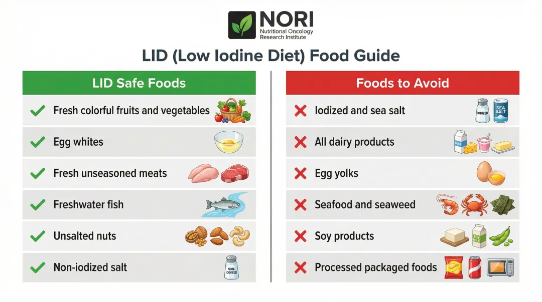 Low-iodine diet foods allowed versus foods to avoid comparison chart