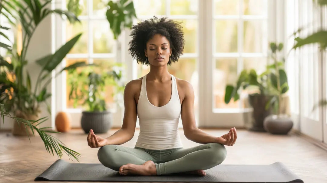 Woman practicing mindfulness meditation outdoors during breast cancer recovery program