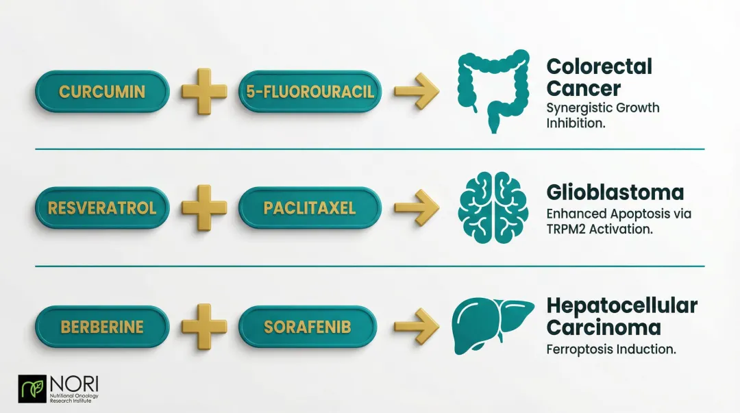 Three natural compound and chemotherapy drug synergy combinations for cancer treatment infographic