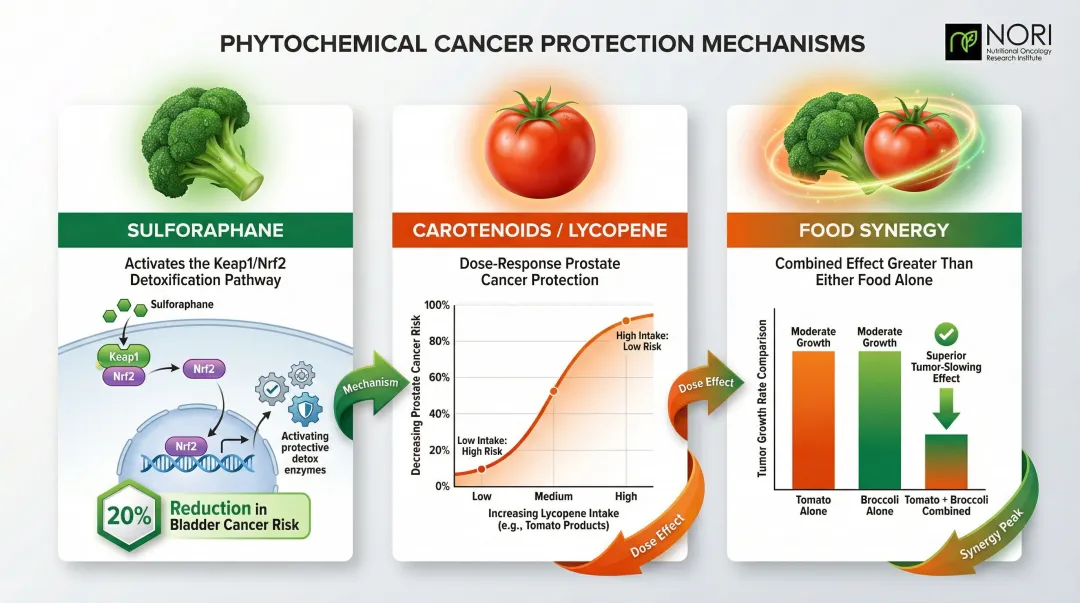 Three key phytochemical cancer-fighting mechanisms sulforaphane carotenoids and food synergy