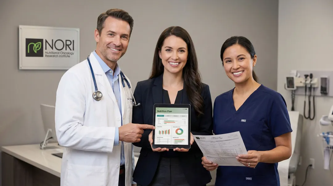 Multidisciplinary clinical team of physician dietitian and specialist reviewing patient nutrition plan