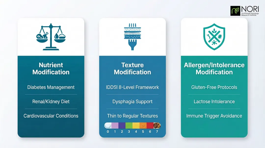 Three therapeutic diet modification categories nutrient texture and allergen framework infographic