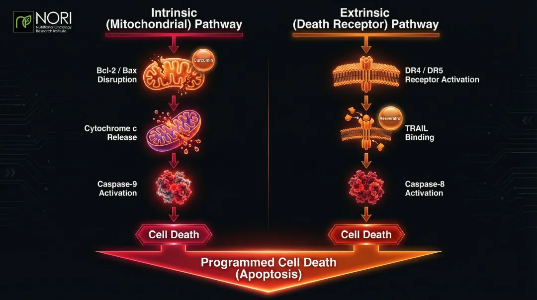 Cancer cell apoptosis intrinsic and extrinsic pathway dual activation diagram
