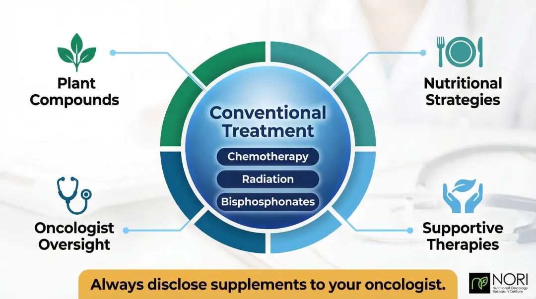 Natural treatments as complementary to conventional bone cancer care integration framework diagram