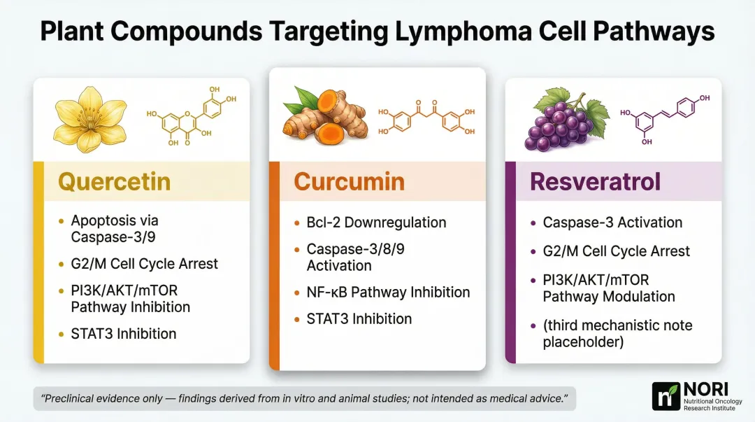 Quercetin curcumin resveratrol anti-lymphoma mechanisms comparison infographic