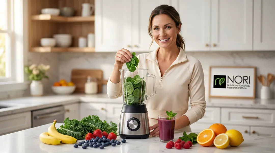 Tongue cancer patient preparing nutrient-dense blended smoothie with fruits and leafy greens