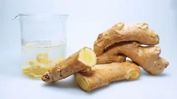Fresh ginger root alongside scientific laboratory research equipment and samples