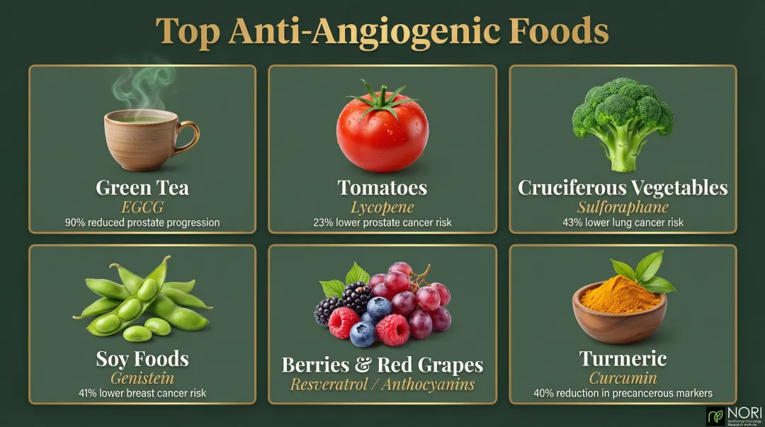 Top six anti-angiogenic foods with key compounds and cancer risk reduction evidence