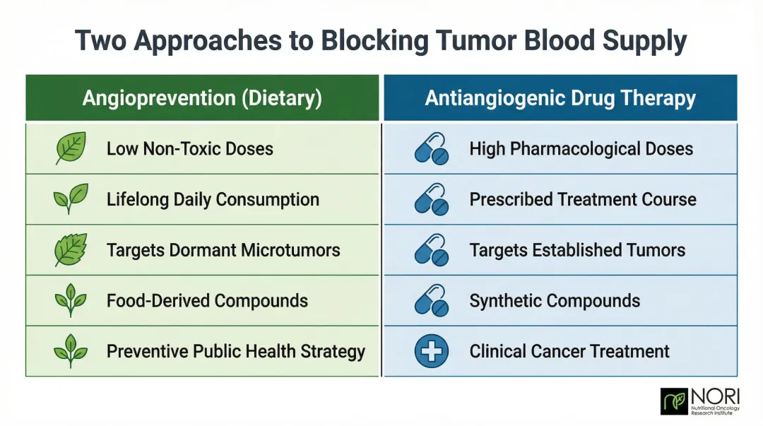 Angioprevention strategy versus antiangiogenic drug therapy side-by-side comparison chart