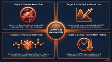 Four metabolic therapy dietary targets exploiting cancer cell vulnerabilities infographic
