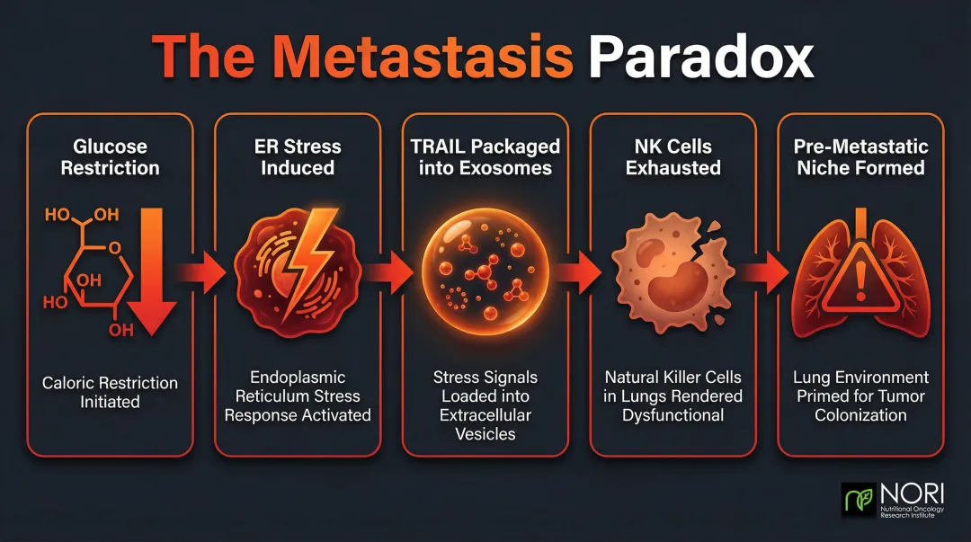 Glucose restriction metastasis paradox mechanism showing ER stress exosome NK cell pathway