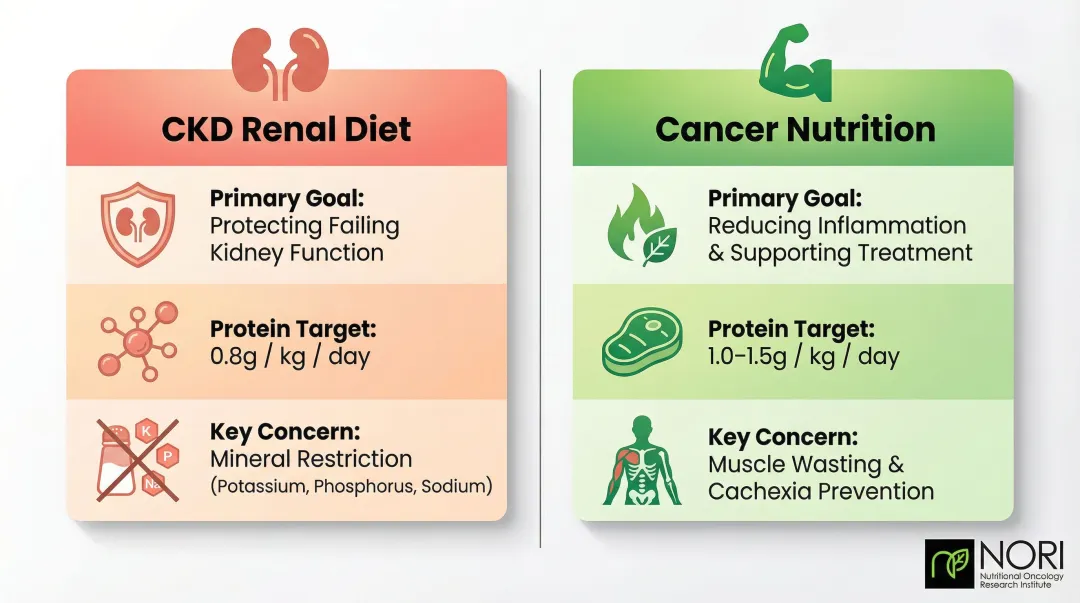 CKD renal diet versus kidney cancer nutrition key differences comparison chart