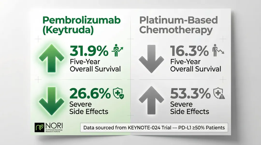 KEYNOTE-024 trial pembrolizumab versus chemotherapy 5-year survival comparison infographic