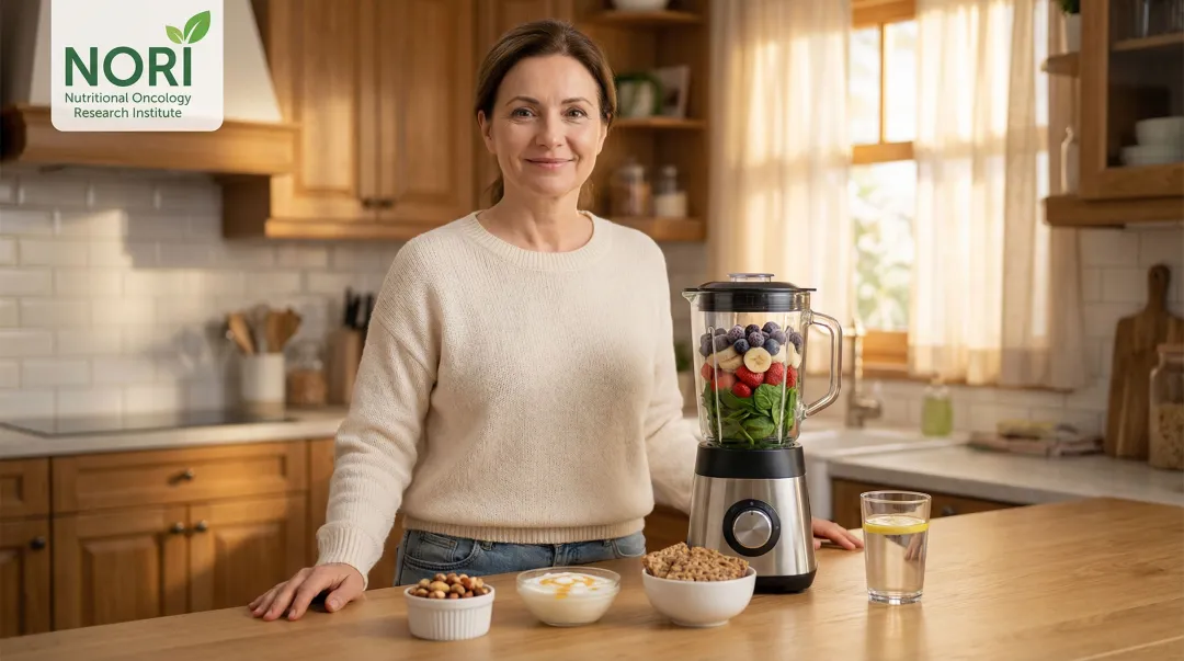Breast cancer patient preparing nutrient-dense smoothie and small frequent meals during chemotherapy