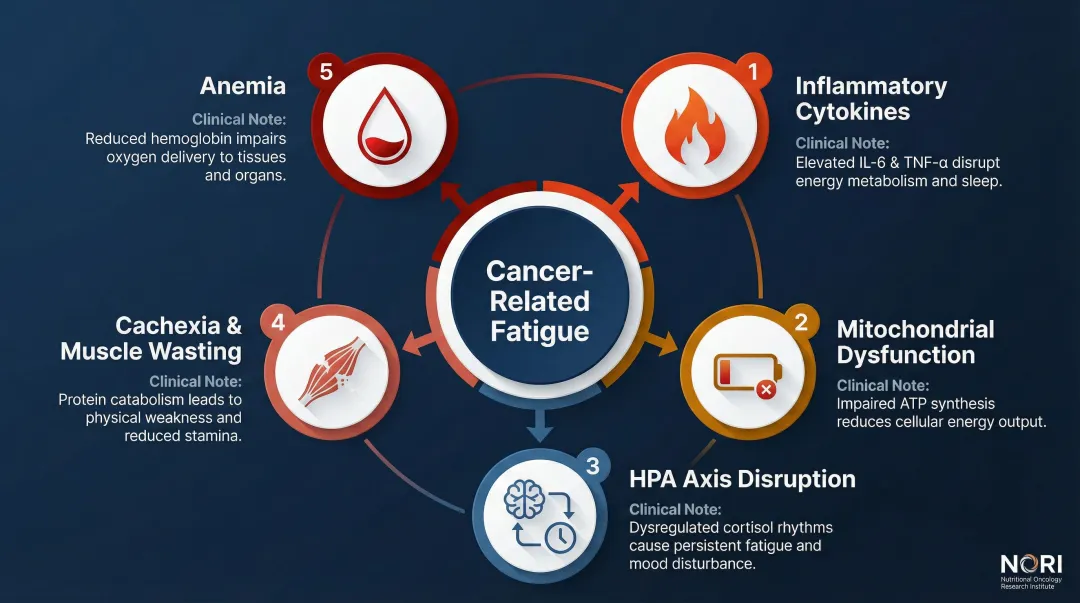 Five biological mechanisms driving cancer-related fatigue at cellular level