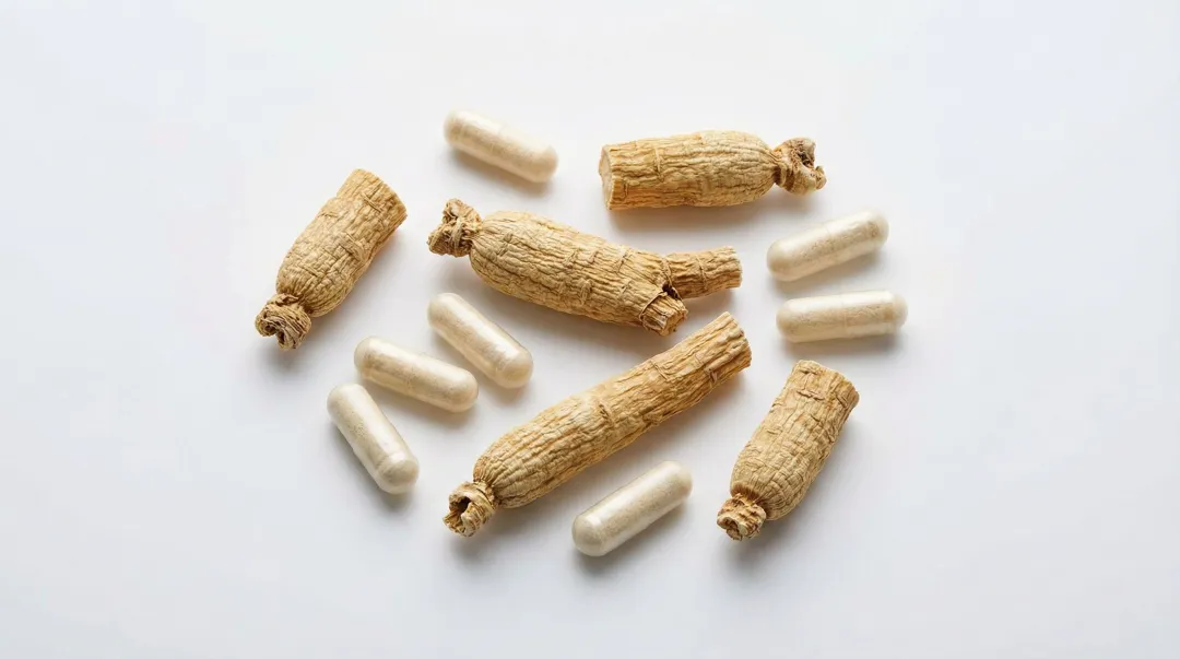 American ginseng Panax quinquefolius root and supplement capsules on neutral background