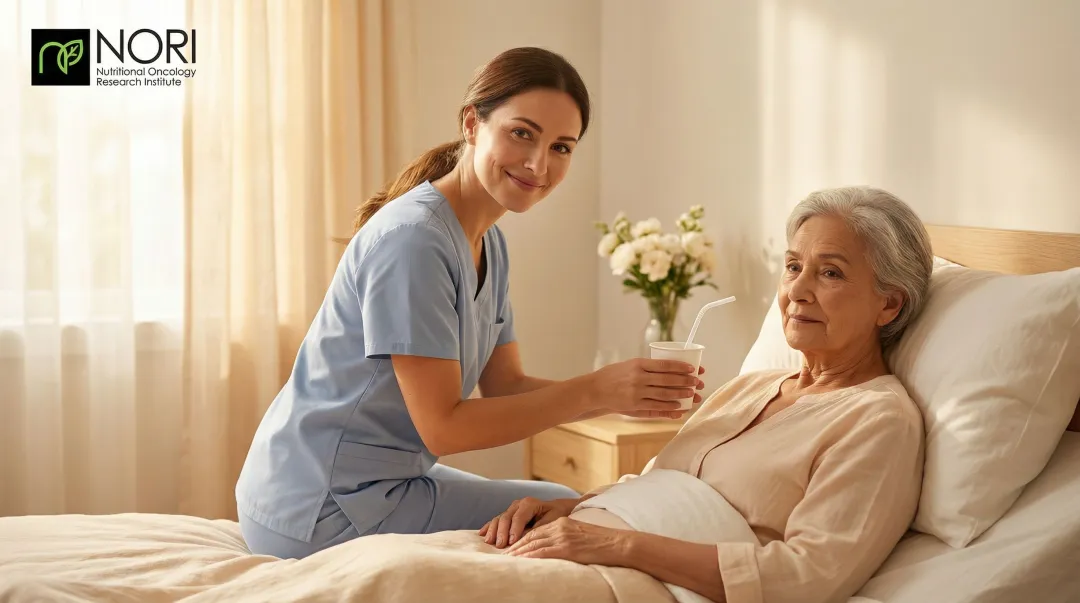 Caregiver providing compassionate oral care comfort to terminal cancer patient