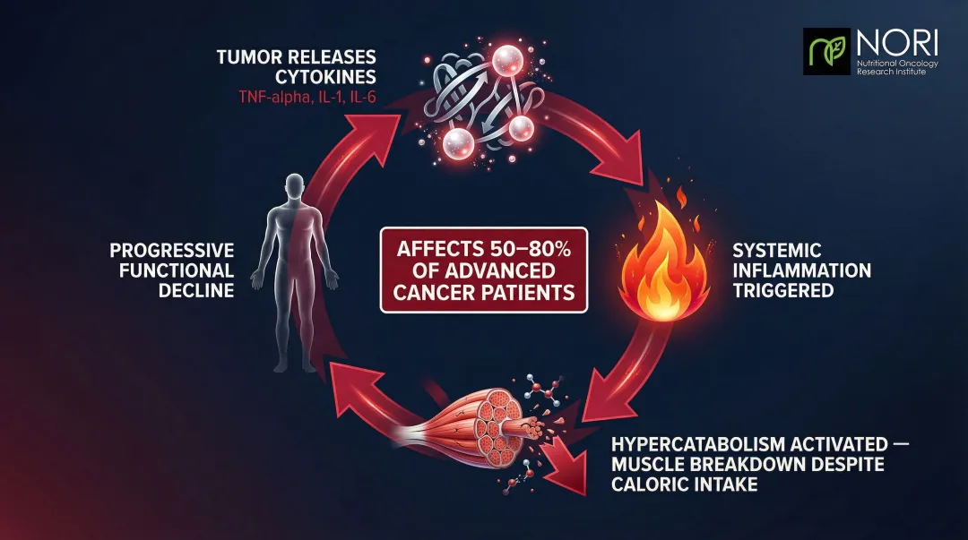 Cancer cachexia mechanism showing cytokines triggering muscle wasting cycle
