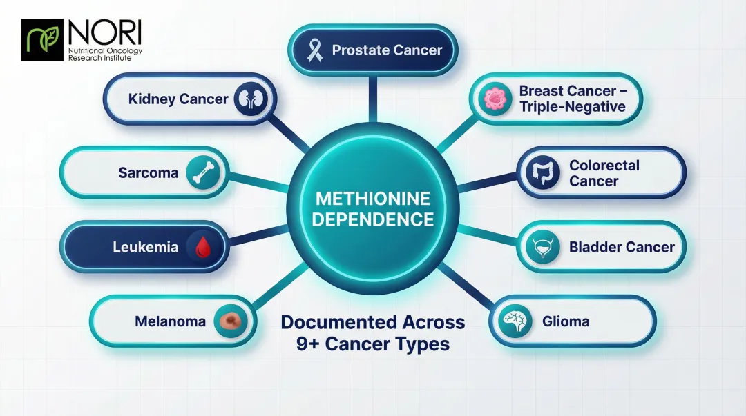 Cancer types affected by methionine dependence including breast prostate and colorectal
