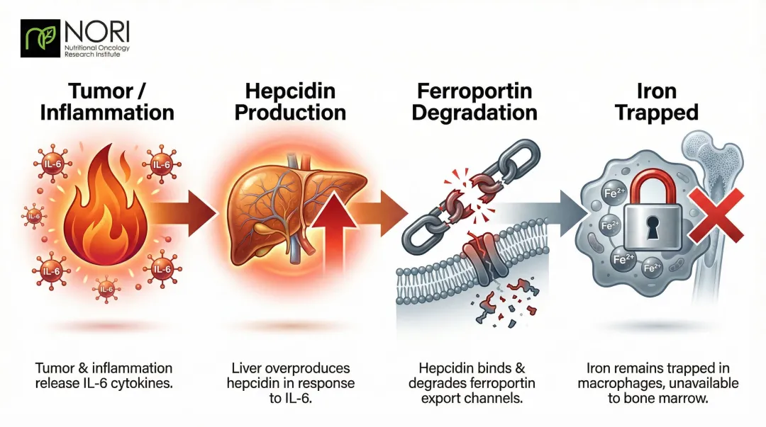 Hepcidin iron blockade mechanism in cancer patients step-by-step diagram