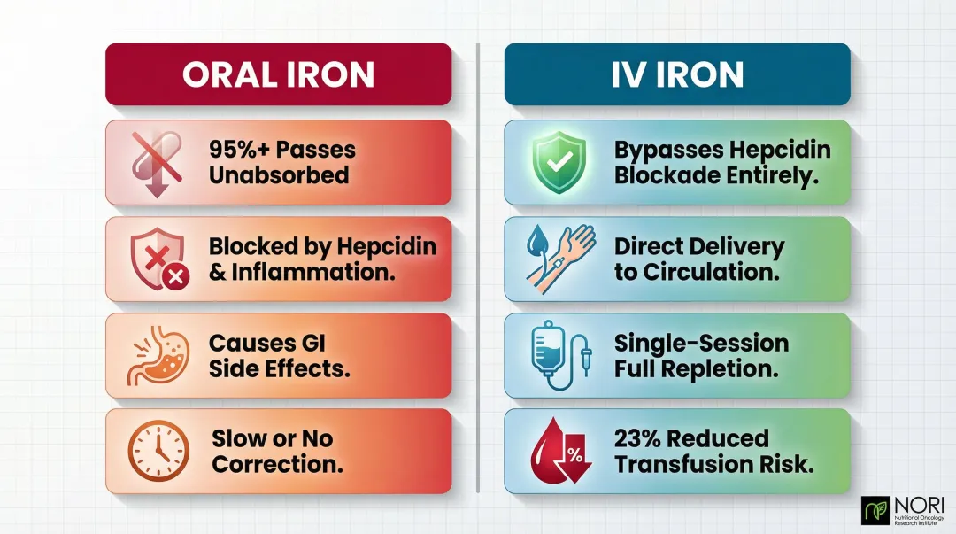 Oral iron versus intravenous iron comparison infographic for cancer patients