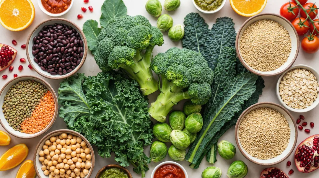 Colorful array of cruciferous vegetables legumes and whole grains on wooden surface
