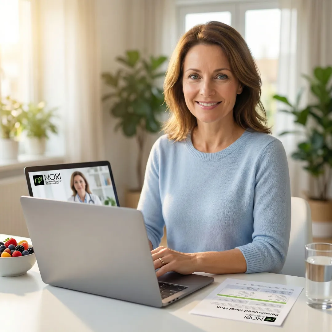 Cancer patient smiling while having positive video consultation with nutritional specialist