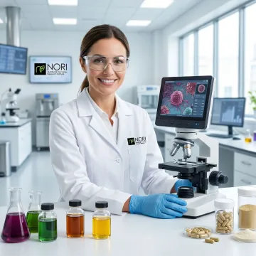 Research scientist examining cancer cell cultures and natural plant-based compounds in modern laboratory