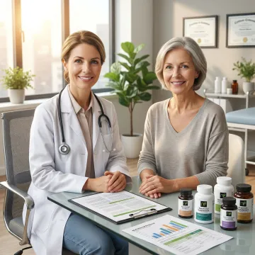 Compassionate oncology consultant reviewing personalized nutritional cancer treatment plan with breast cancer patient