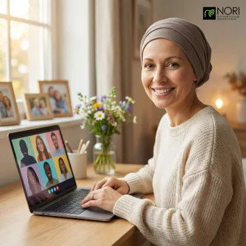 Cancer patient smiling during online peer support session