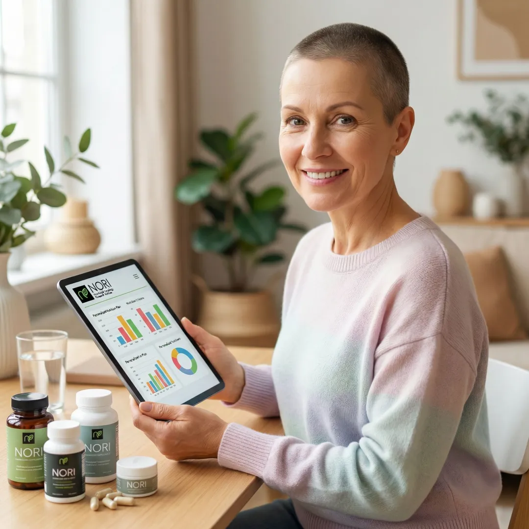 Cancer patient reviewing a personalized nutritional oncology plan at home with NORI nutraceutical supplements nearby