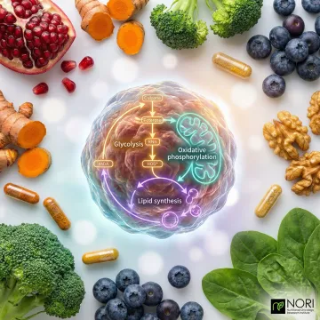 Molecular biology illustration showing cancer cell vulnerabilities targeted by nutrition