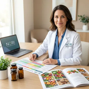 Nutritional oncology specialist reviewing a personalized cancer care plan with nutraceuticals and dietary guides