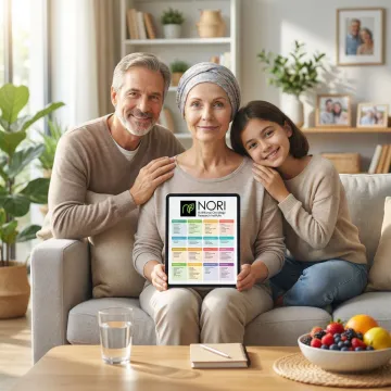 Cancer patient receiving home-based nutritional support with family present in a comfortable living room setting