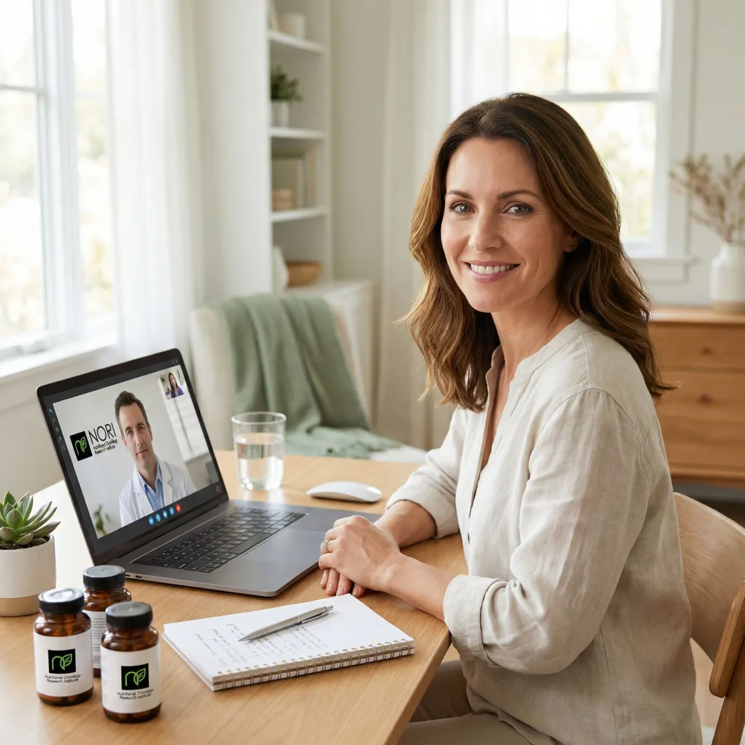 Person participating in an online cancer nutritional support consultation via video call at home