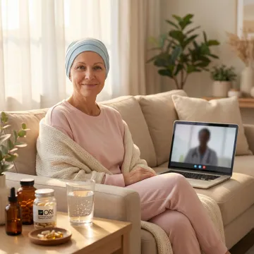 A cancer patient receiving compassionate home-based nutritional health support via an online consultation.