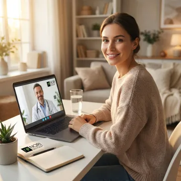 A cancer patient participating in a virtual consultation via video call with a nutritional oncology specialist.