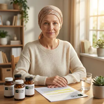 A blood cancer patient reviewing a personalized nutritional plan at home with NORI support materials.