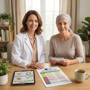 Nutritional oncology specialist reviewing a personalized cancer support plan with a patient