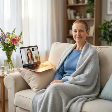 Cancer patient consulting with a nutritional oncology specialist via video call at home