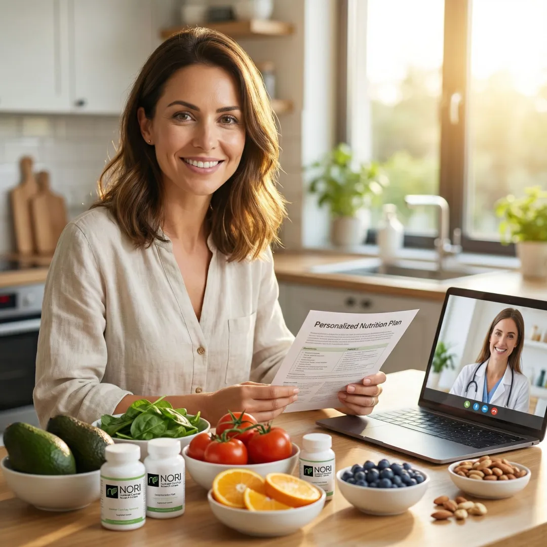 Woman following a home-based nutritional cancer support program with supplements and healthy food