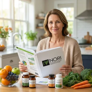 Cancer patient at home reviewing personalized nutrition plan with supplements and healthy food