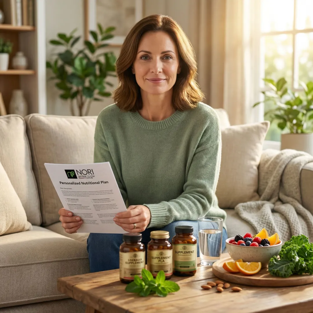 Woman reviewing personalized breast cancer nutritional support plan at home