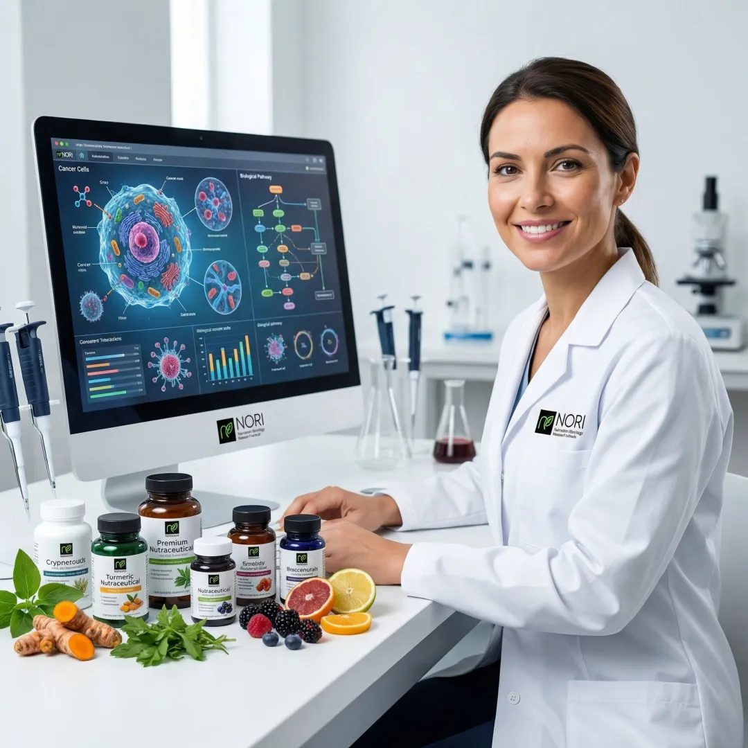 Scientist reviewing cancer cell research data alongside natural plant-based supplements and nutraceuticals