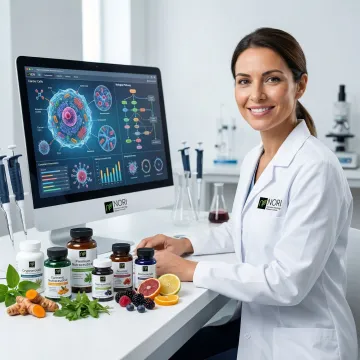Scientist reviewing cancer cell research data alongside natural plant-based supplements and nutraceuticals