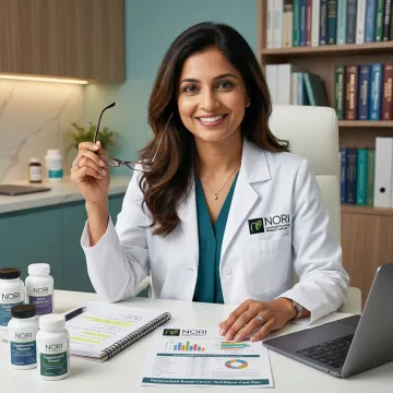 NORI nutritional oncology specialist reviewing a personalized breast cancer care plan with research notes and nutraceuticals on desk