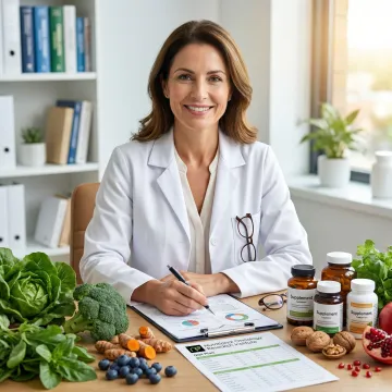 Nutritional advisor preparing a customized plant-based cancer support plan with supplements and research notes.