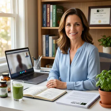 Nutritional oncology consultant discussing throat cancer support options with a patient via video call