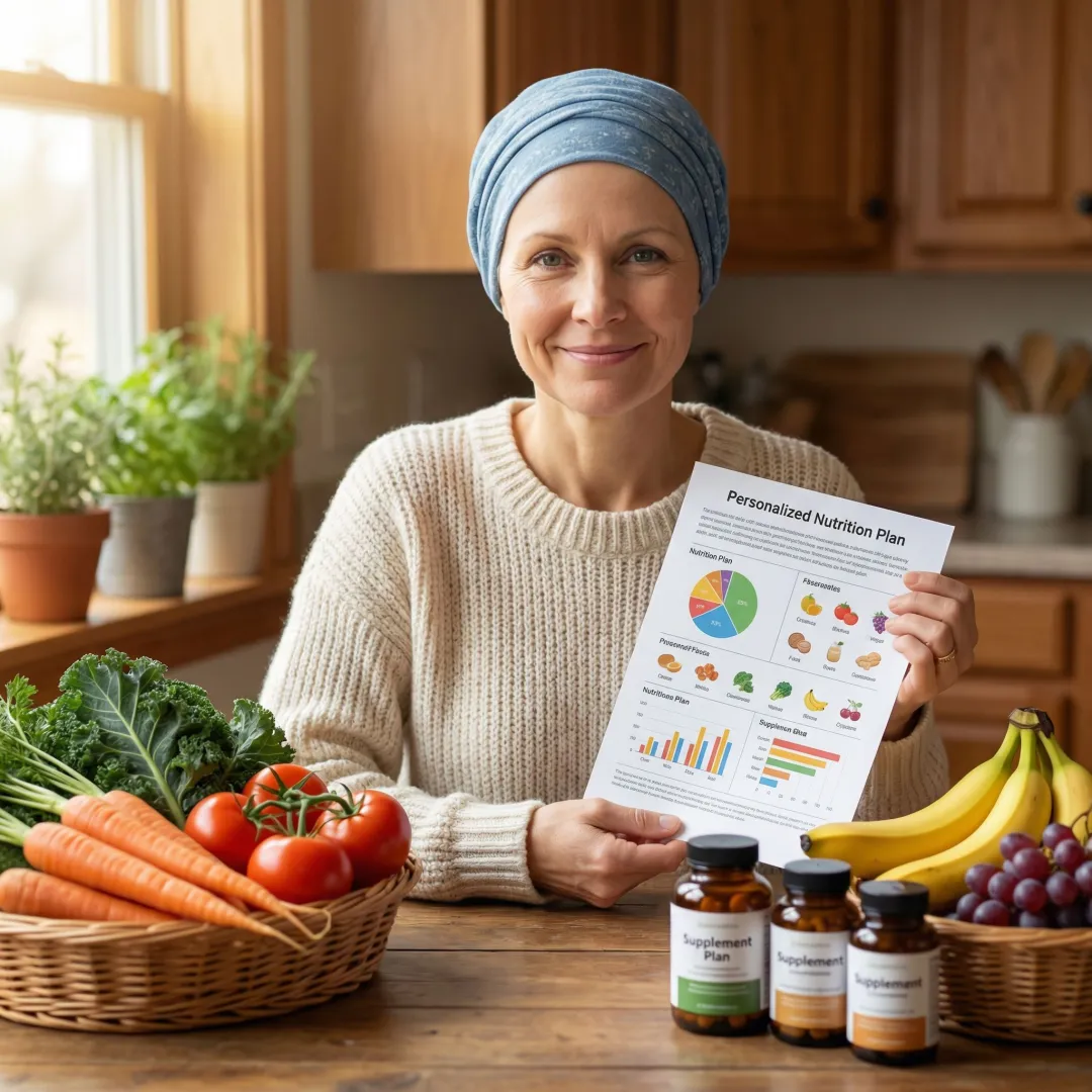 Cancer patient reviewing a personalized nutrition plan with fresh whole foods and NORI nutraceutical supplements